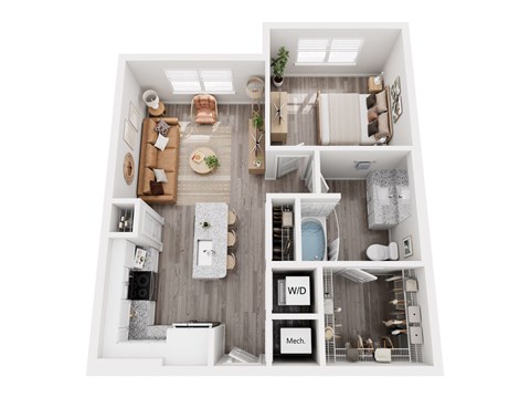 Floor plan for 1 bed, 1 bath, 678 sqft